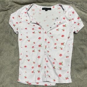 White button up look with rose design top, floral shirt